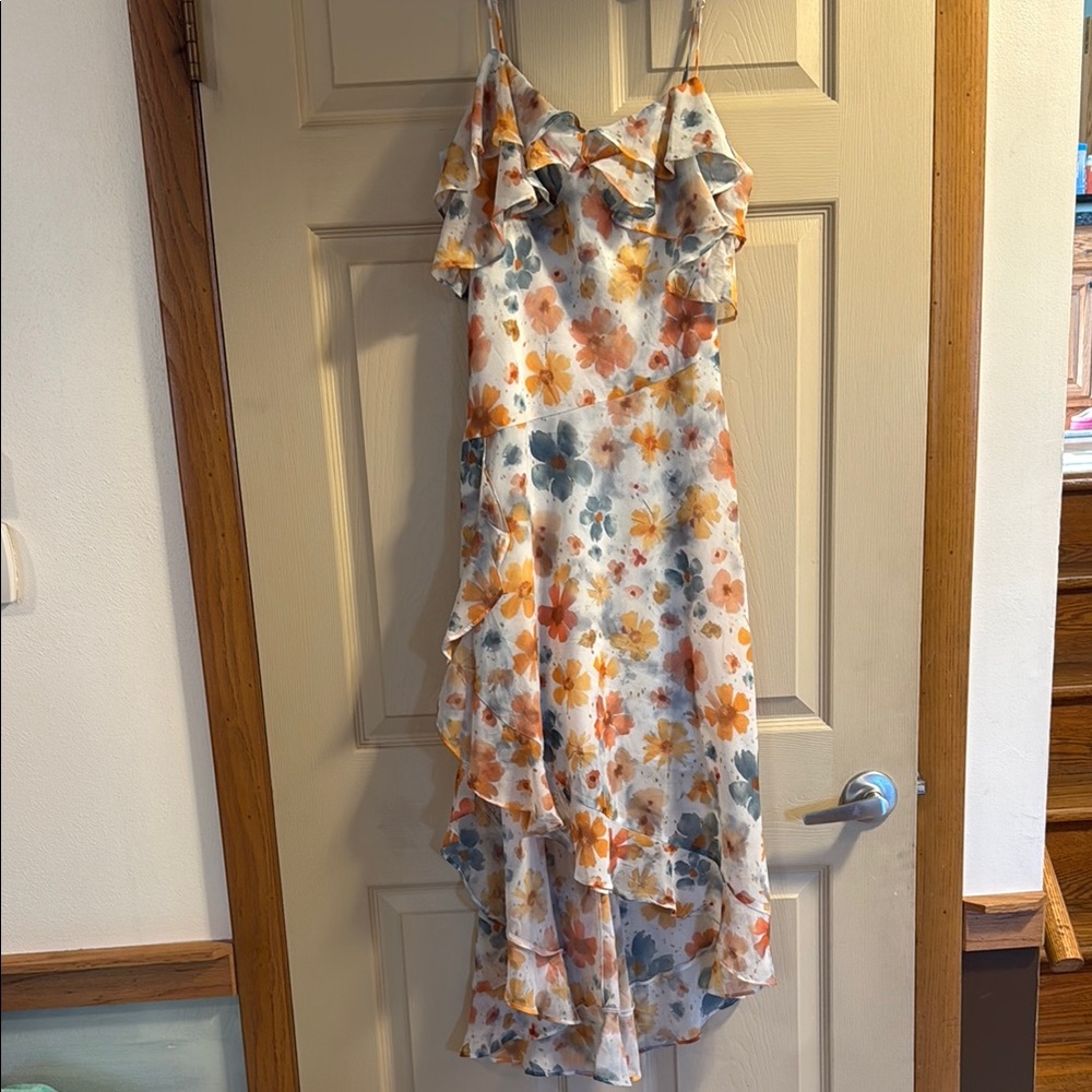 Anthropologie Floral Ruffle Midi Dress - White with Orange & Blue Flowers